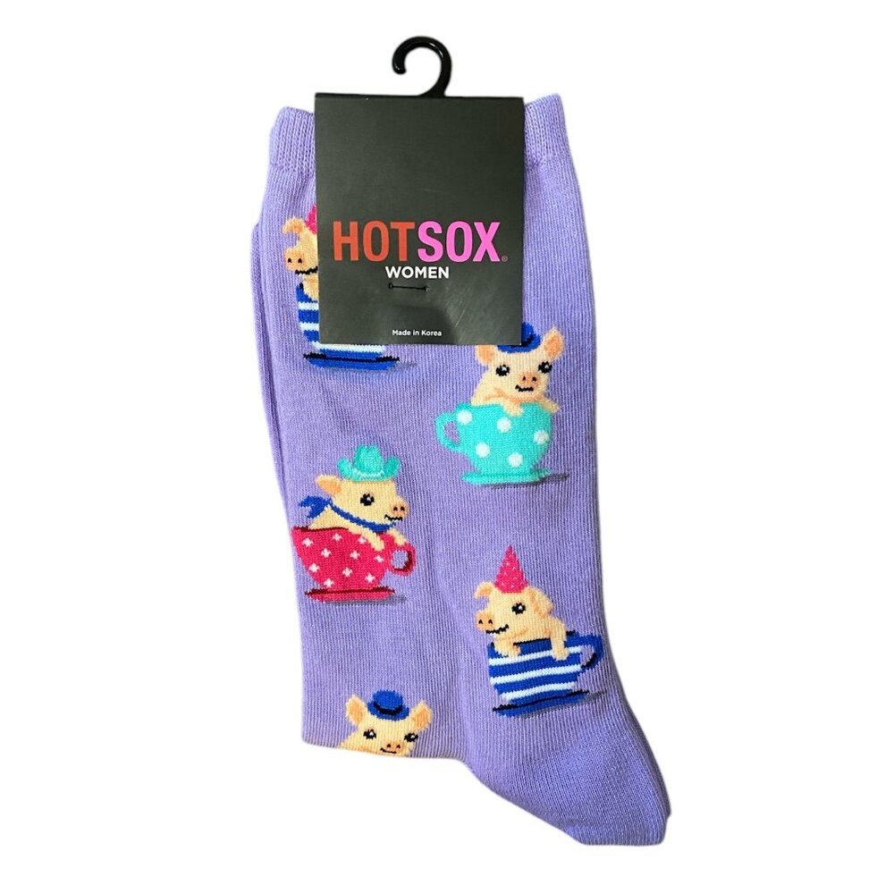 NEW Hot Sox Pigs in Teacups Lavender Crew Socks Rare